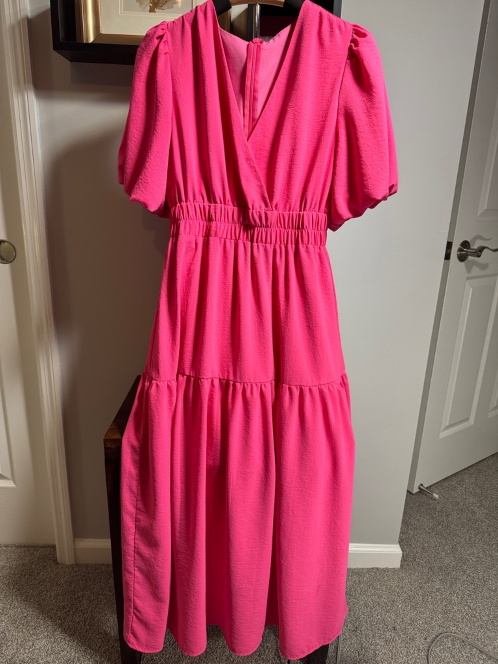 Women's Pink Maxi Dress with Puff Sleeves